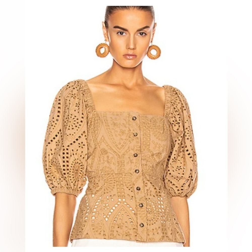 Ganni Broderie‎ Anglaise Puff-Sleeve Top Tan Size Small
